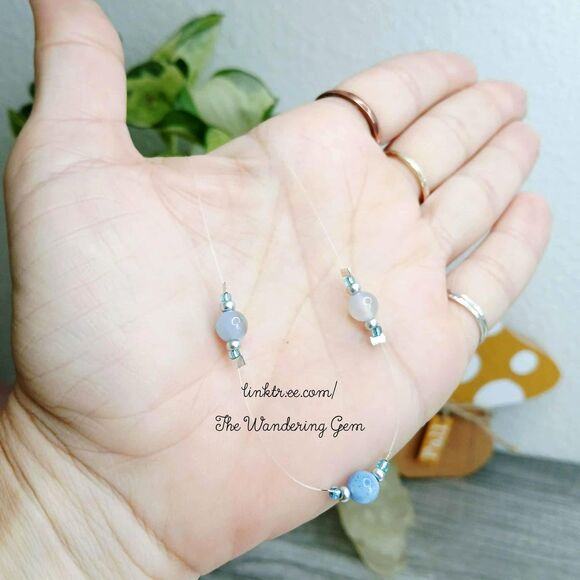 Floating Agate Gemstone Choker Necklace, Blue Lace Agate, 14" - Picture 3 of 4